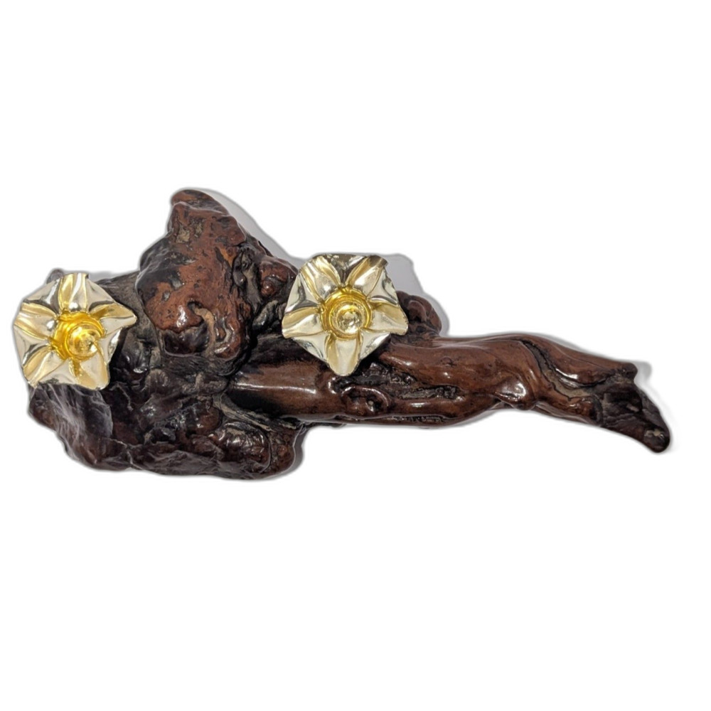 Vintage MCM Brutalist Burl Driftwood Floral Double Candle Holder - 5" H